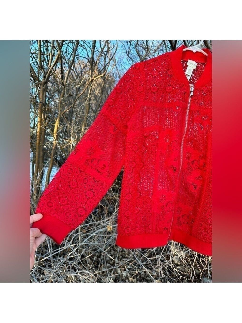 Chico’s Red Sheer Fancy Crochet Lace Blazer, Womens 4 - Chicos Size 0 BEAUTIFUL! - Picture 7 of 16